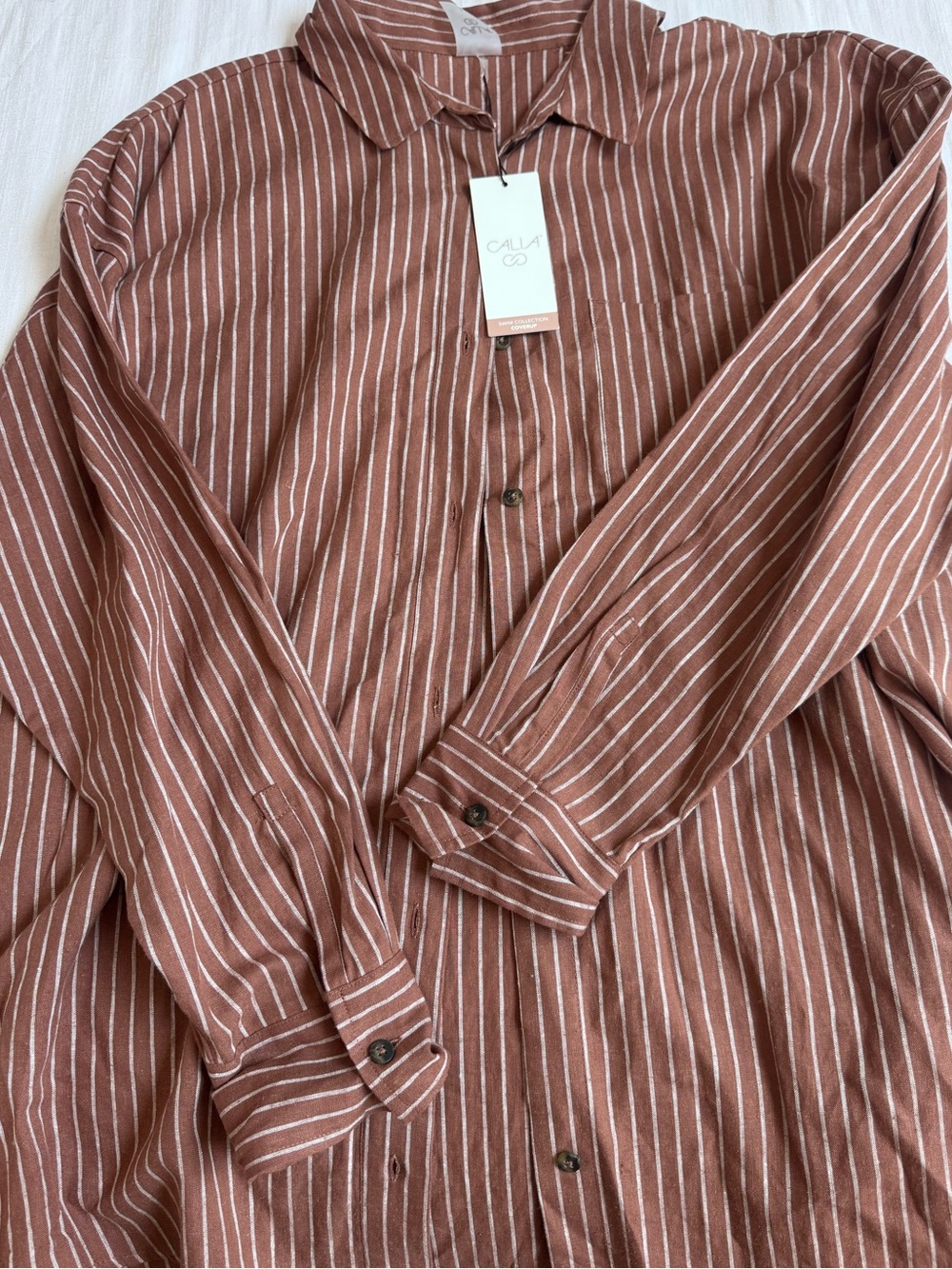 CALIA SWIM COVER UP BUTTON DOWN SHIRT YUKATEN STRIPED CINNAMON